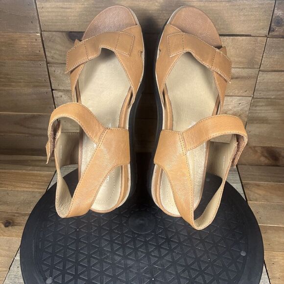Eileen Fisher Platform Sandals Womens Sz 8 Tan Leather Ankle Strap Hook & Loop - Picture 5 of 10